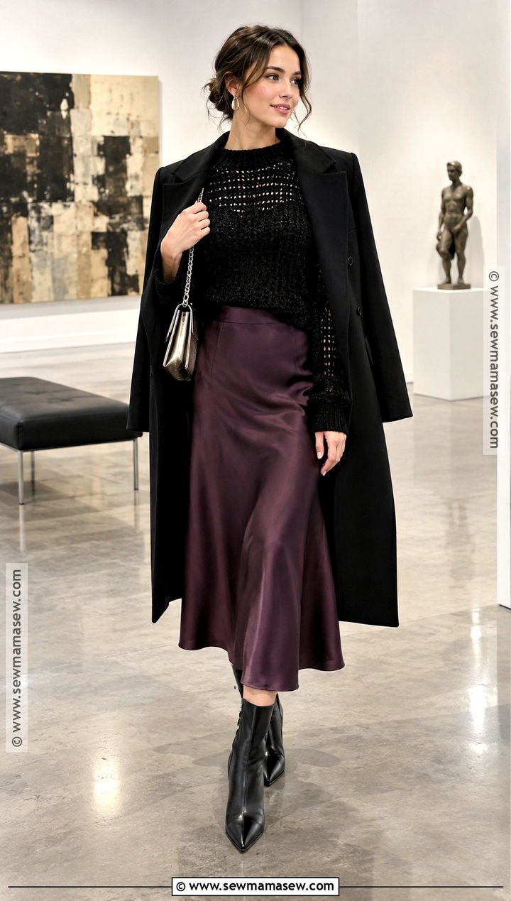 Black Crochet Sweater With Satin Midi Skirt - 15 black crochet sweater fall fashion ideas