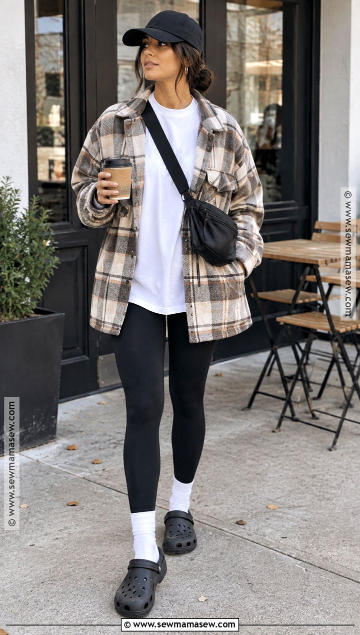 Black Crocs With Leggings And Shacket - 20 crocs outfit fall ideas