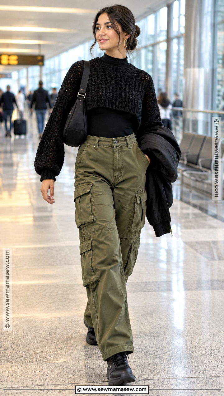 Black Cropped Crochet Sweater With Cargo Pants - 15 black crochet sweater fall fashion ideas