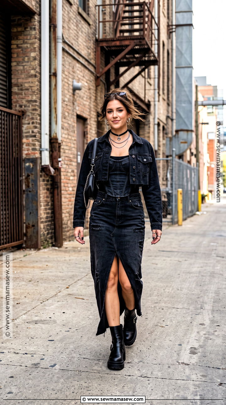 Black Denim Corset And Maxi Skirt Outfit - 15 all black fall outfits going out