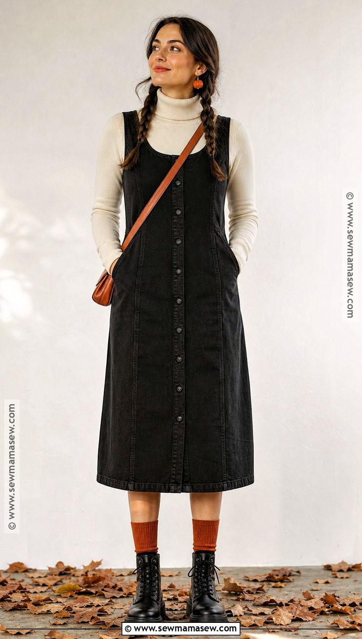 Black Denim Dress And Orange Accessories Outfit - 35 casual halloween outfits