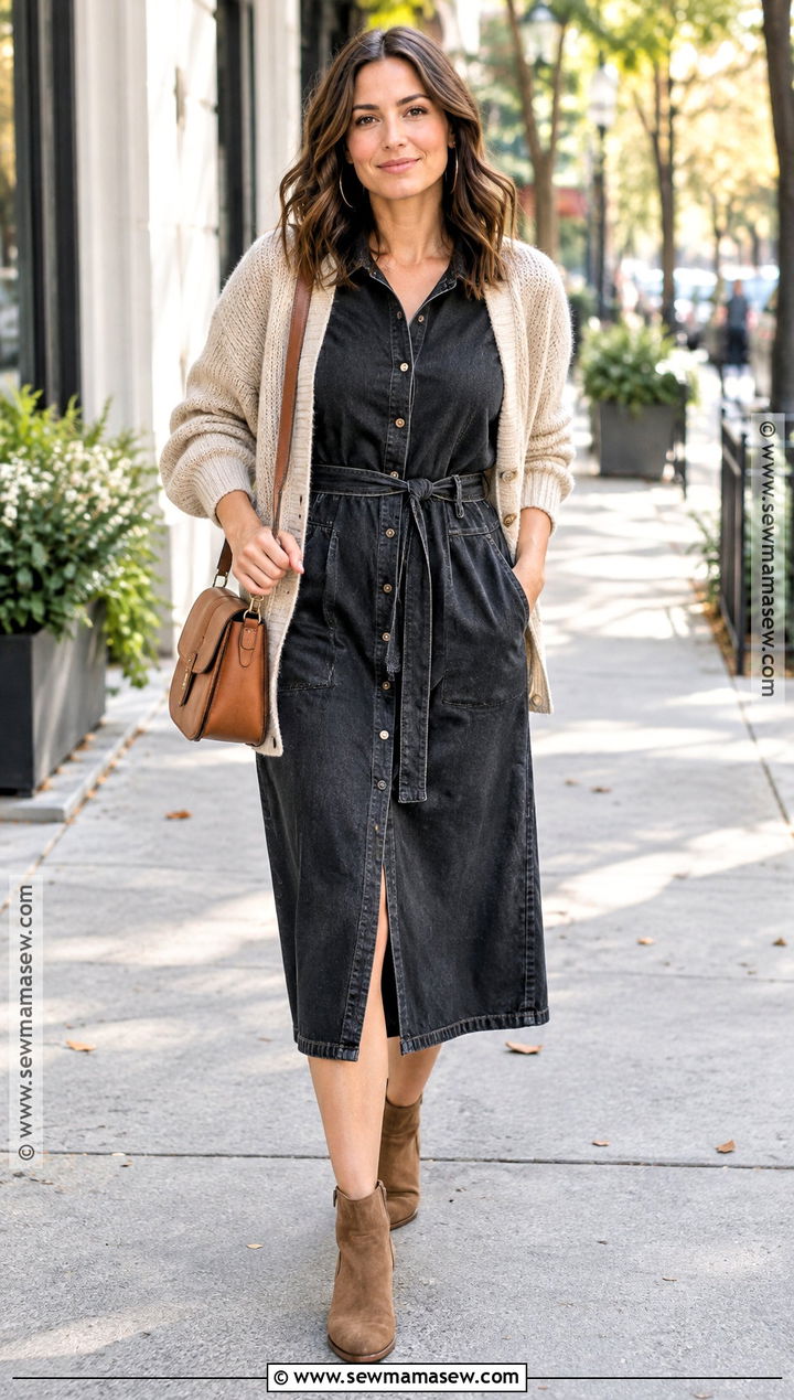 Black Denim Dress With Cardigan And Ankle Boots - 25 black dress fall outfit ideas