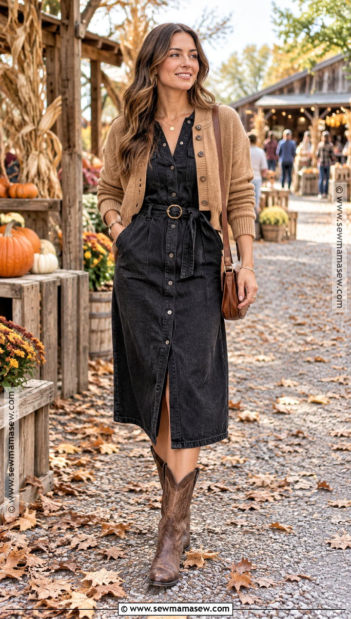 Black Denim Dress With Western Boots - 20 black dress autumn outfit ideas
