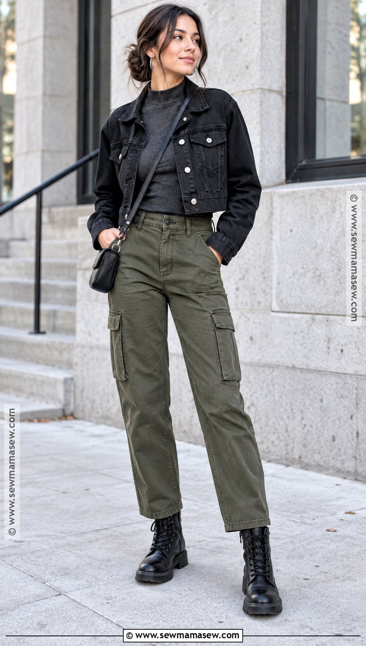 Black Denim Jacket And Cargo Pants Outfit - 25 dark fall outfits