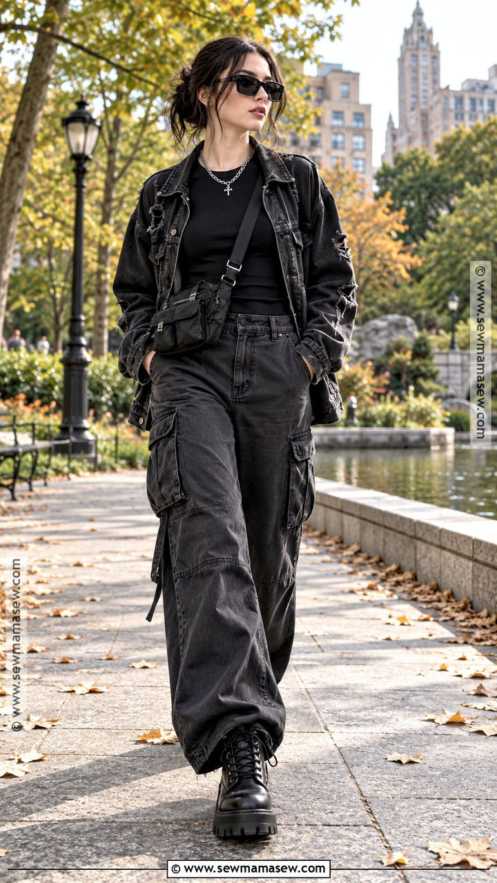 Black Denim Jacket And Cargo Pants - 20 Fall Gothic Outfits