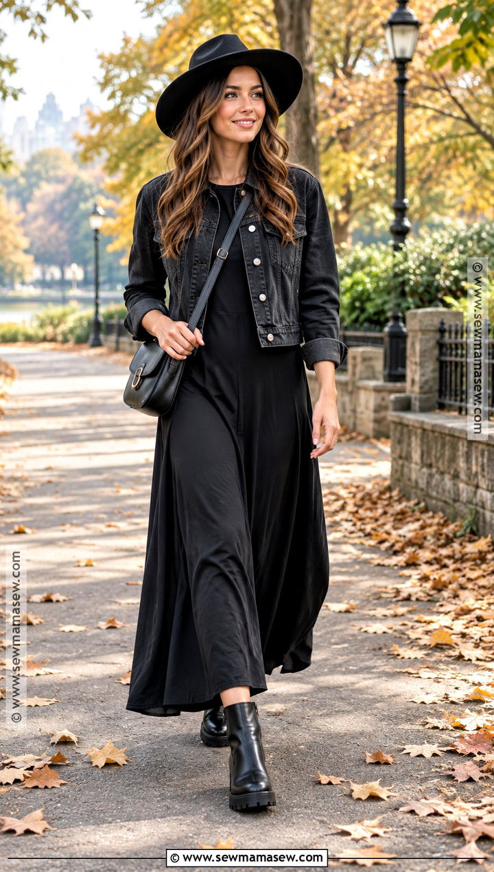 Black Denim Jacket And Maxi Dress Outfit - 15 Autumn Black Outfit Style Ideas