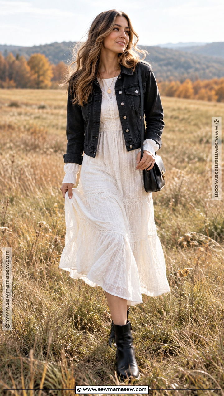 Black Denim Jacket And White Maxi Dress Fall Photo Outfit - 15 Black And White Fall Photo Outfits
