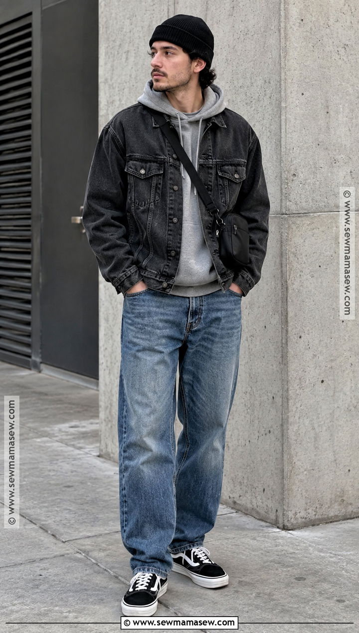 Black Denim Jacket Gray Hoodie And Blue Jeans Outfit - 20 men fall outfits casual street style