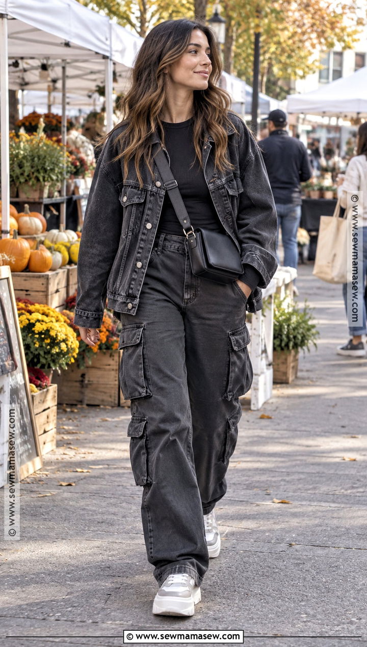 Black Denim Jacket and Cargo Pants Outfit - 20 all black outfit fall ideas