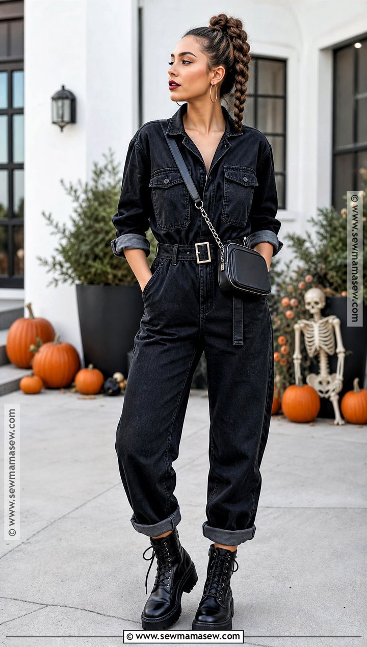 Black Denim Jumpsuit Halloween Outfit - 30 black halloween outfit ideas