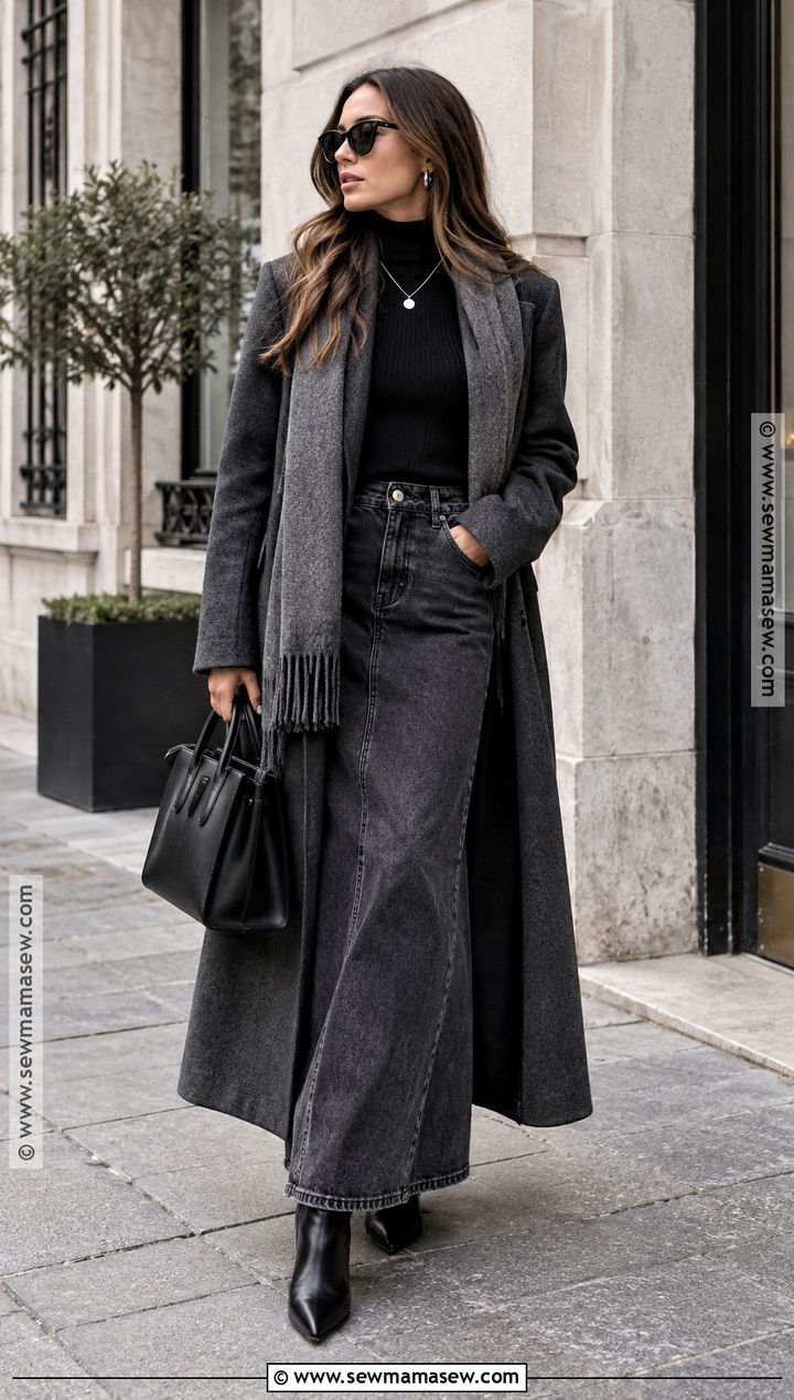 Black Denim Maxi Skirt With Black Knit And Long Coat - 15 black denim maxi skirt outfit fall ideas