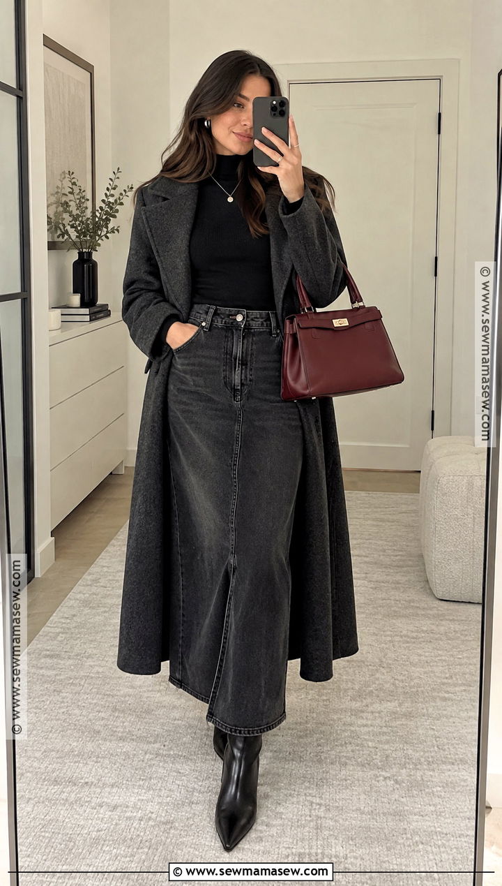 Black Denim Maxi Skirt With Black Sweater And Boots - 15 denim maxi skirt fall outfit ideas