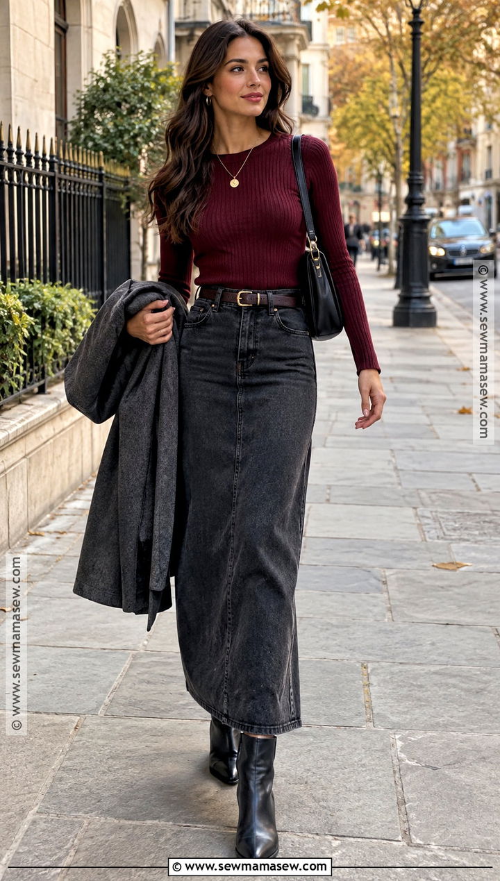Black Denim Maxi Skirt With Burgundy Sweater And Boots - 20 denim skirt autumn outfit ideas