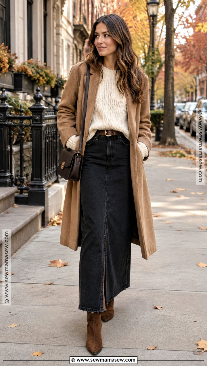 Black Denim Maxi Skirt With Cream Sweater And Ankle Boots - 15 black denim maxi skirt outfit fall ideas