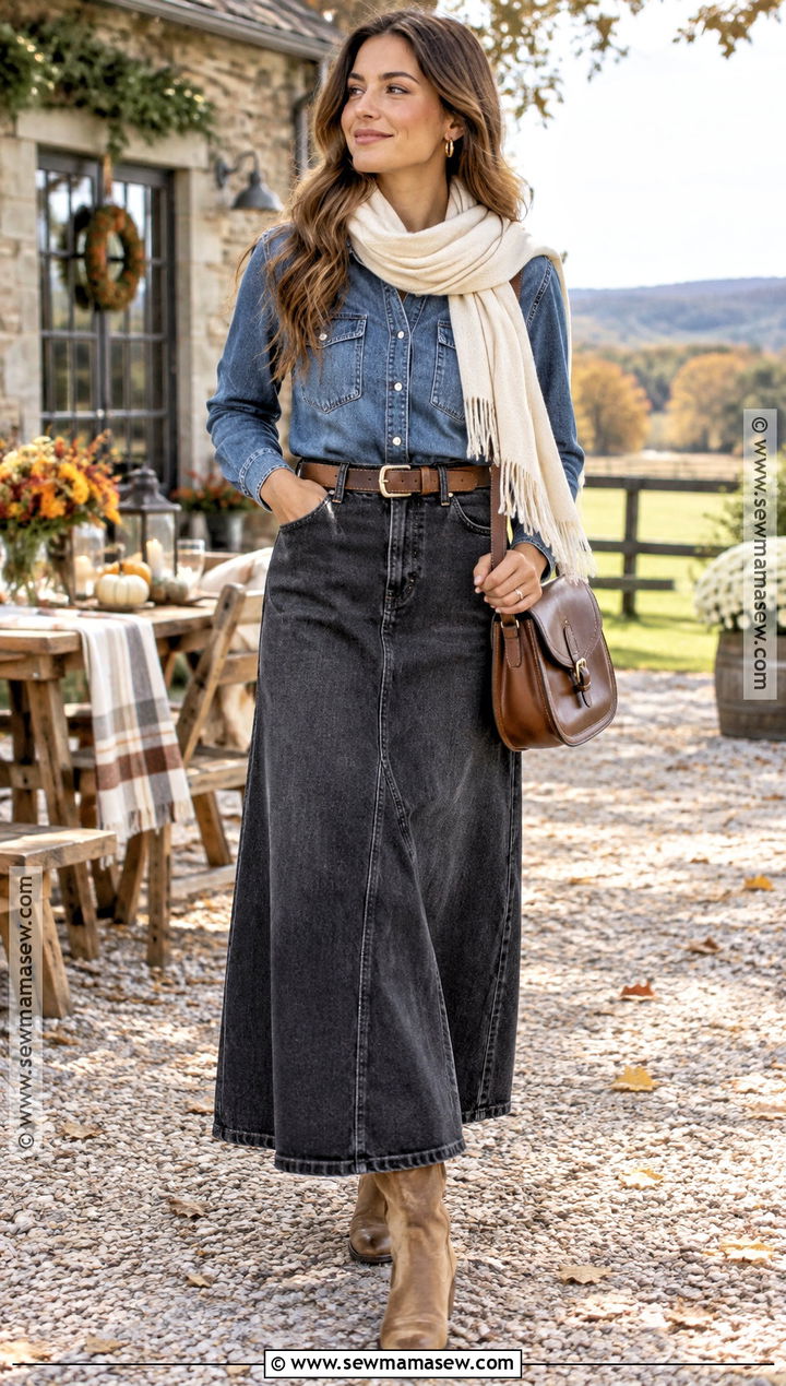Black Denim Maxi Skirt With Denim Shirt And Western Boots - 15 black denim maxi skirt outfit fall ideas