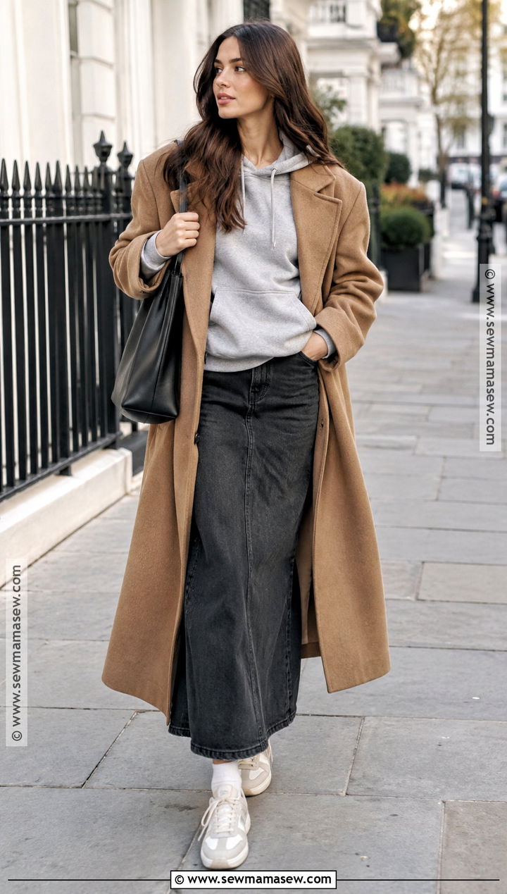Black Denim Maxi Skirt With Hoodie And Wool Coat - 15 black denim maxi skirt outfit fall ideas