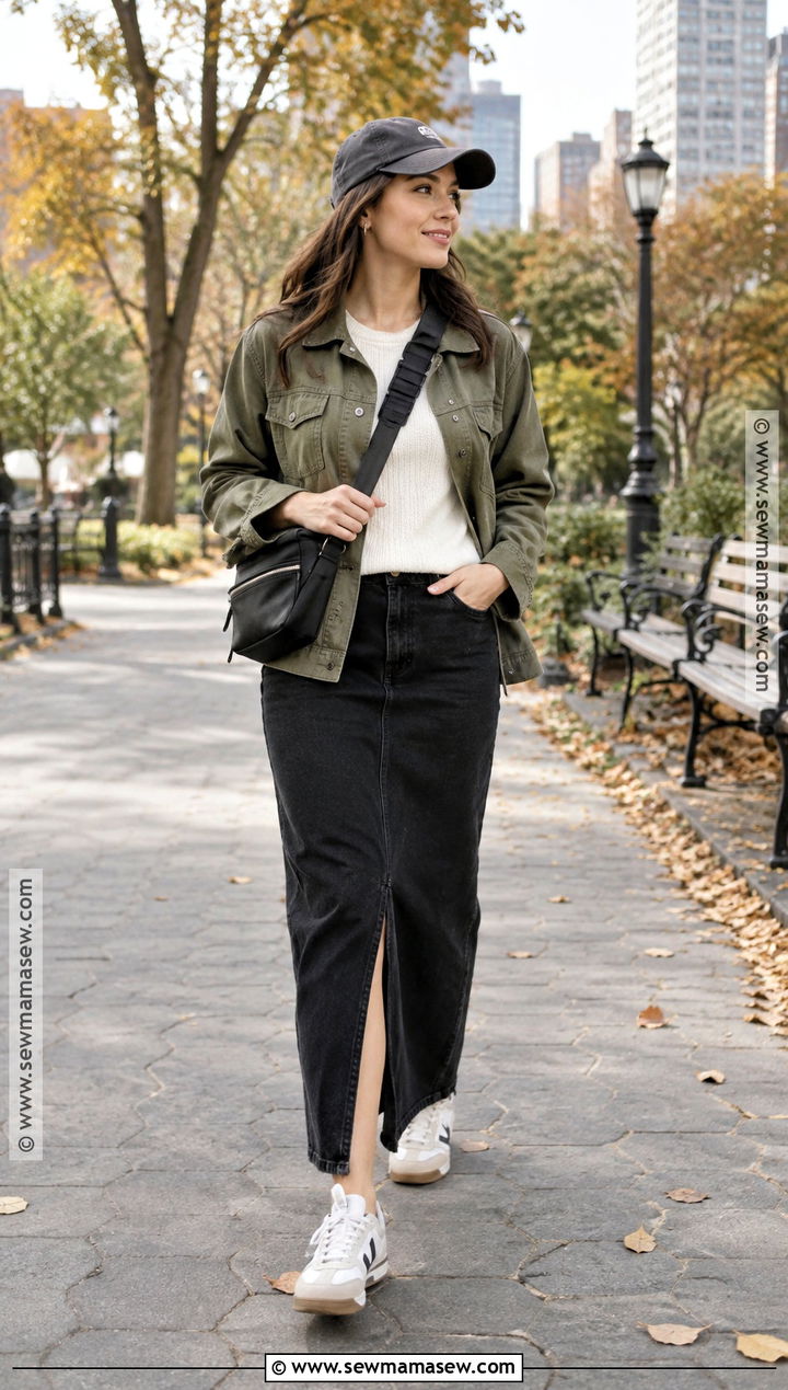 Black Denim Maxi Skirt With Olive Utility Jacket And Sneakers - 15 black denim maxi skirt outfit fall ideas