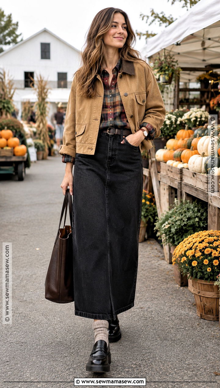 Black Denim Maxi Skirt With Plaid Shirt And Barn Jacket - 15 black denim maxi skirt outfit fall ideas