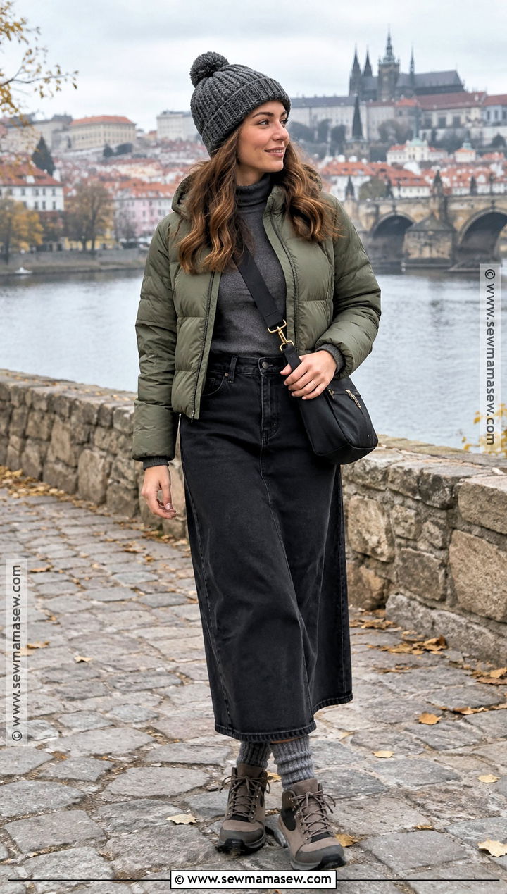Black Denim Maxi Skirt With Puffer Jacket And Hiking Boots - 15 black denim maxi skirt outfit fall ideas