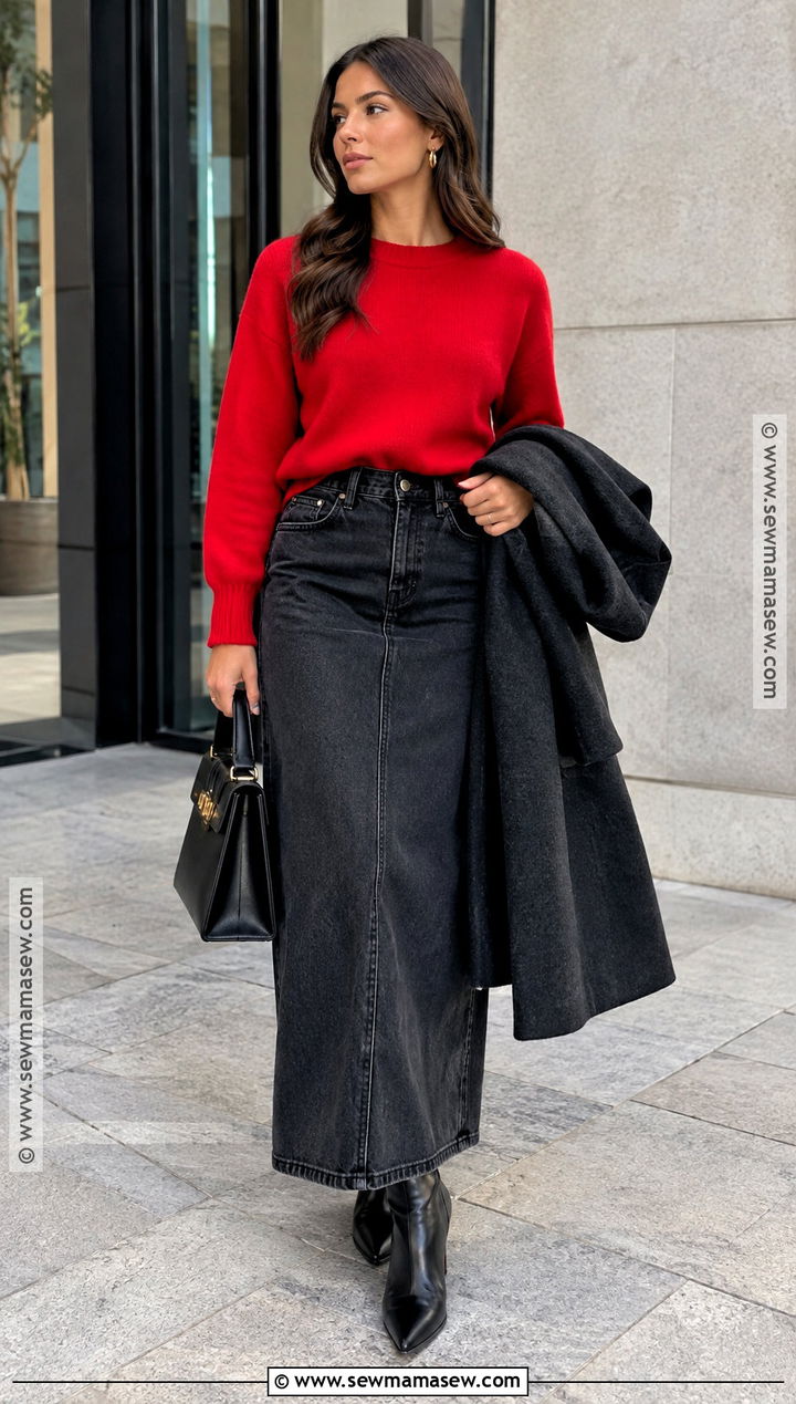Black Denim Maxi Skirt With Red Sweater And Boots - 25 denim skirt outfit fall ideas
