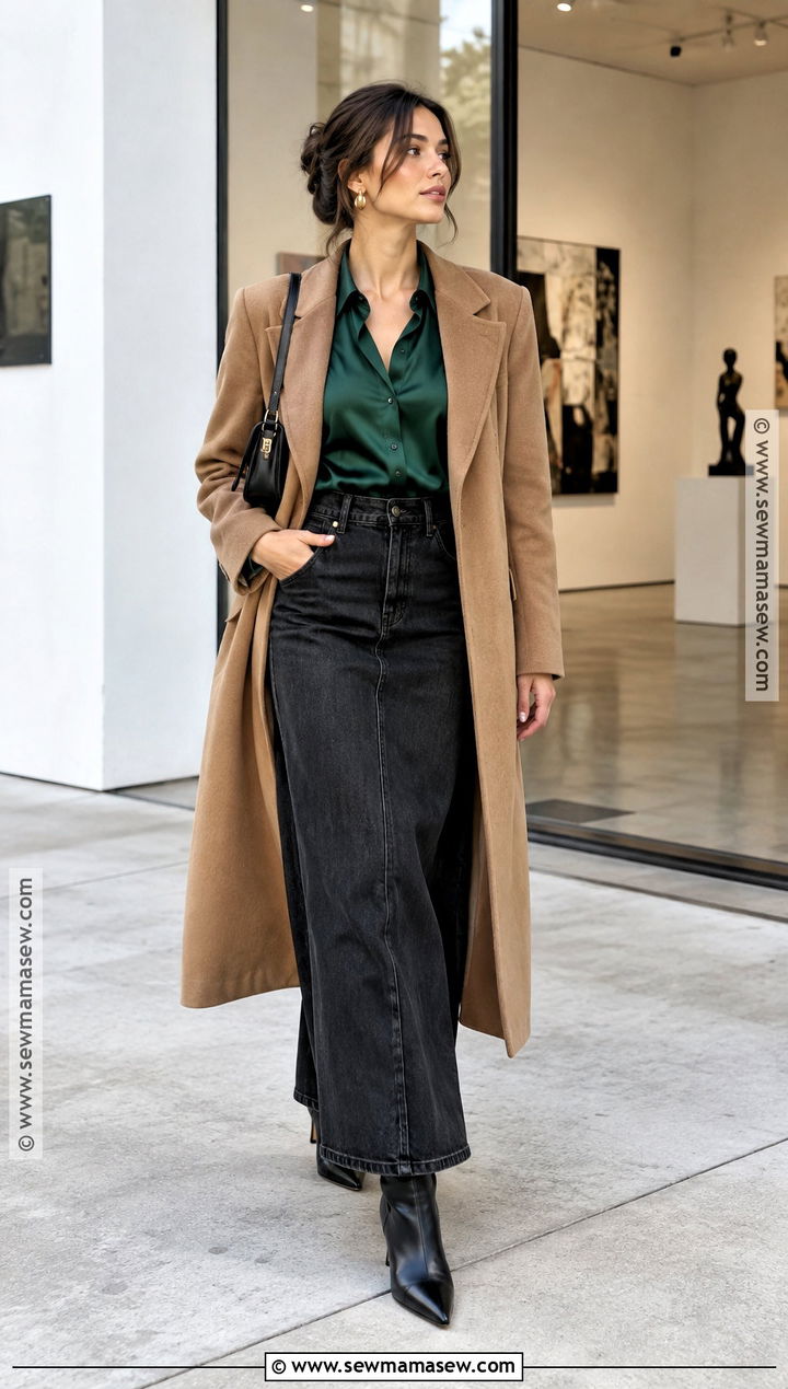 Black Denim Maxi Skirt With Satin Blouse And Heeled Boots - 15 black denim maxi skirt outfit fall ideas