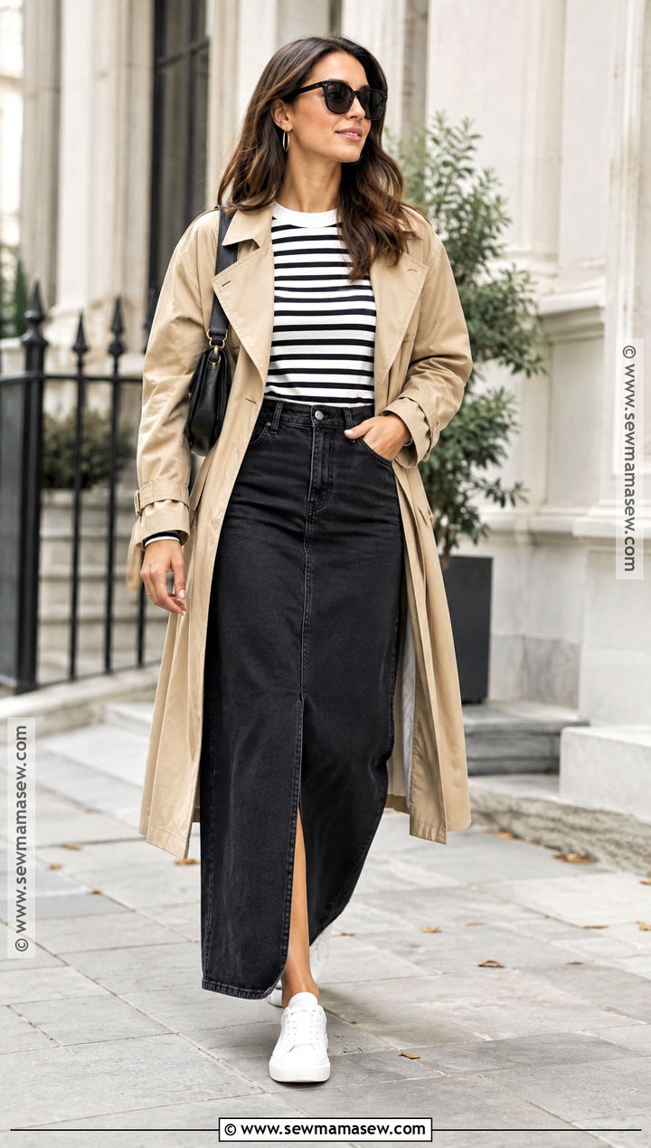 Black Denim Maxi Skirt With Striped Tee And Trench Coat - 15 black denim maxi skirt outfit fall ideas