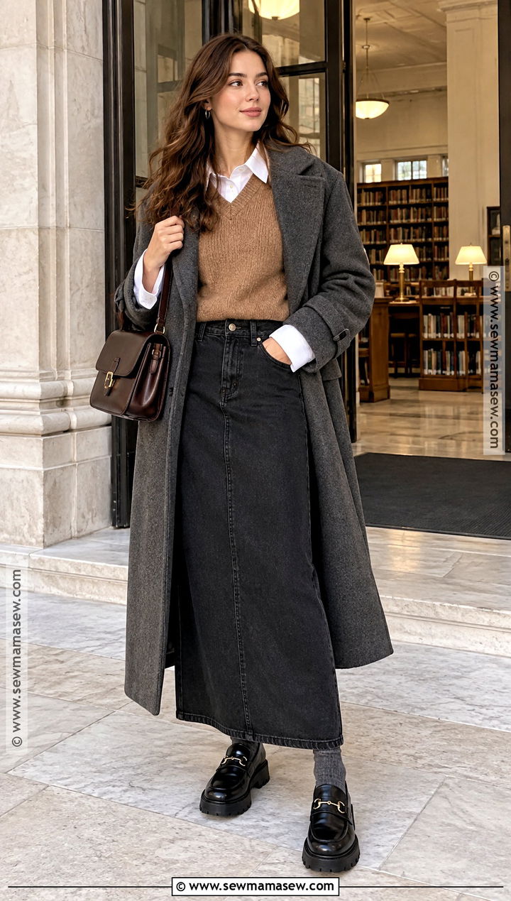 Black Denim Maxi Skirt With Sweater Vest And Button Down Shirt - 15 black denim maxi skirt outfit fall ideas