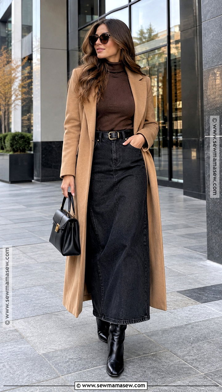 Black Denim Maxi Skirt With Turtleneck And Knee High Boots - 15 black denim maxi skirt outfit fall ideas