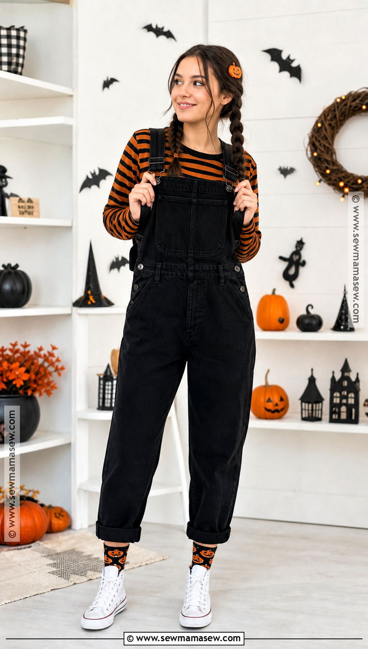 Black Denim Overalls Halloween Outfit With Striped Top - 30 Halloween Casual Outfits