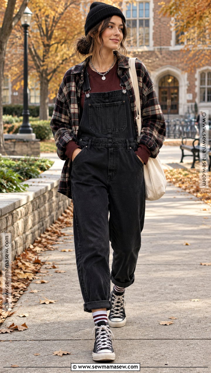 Black Denim Overalls and Thermal Top Fall Grunge Outfit - 15 cute fall grunge outfits