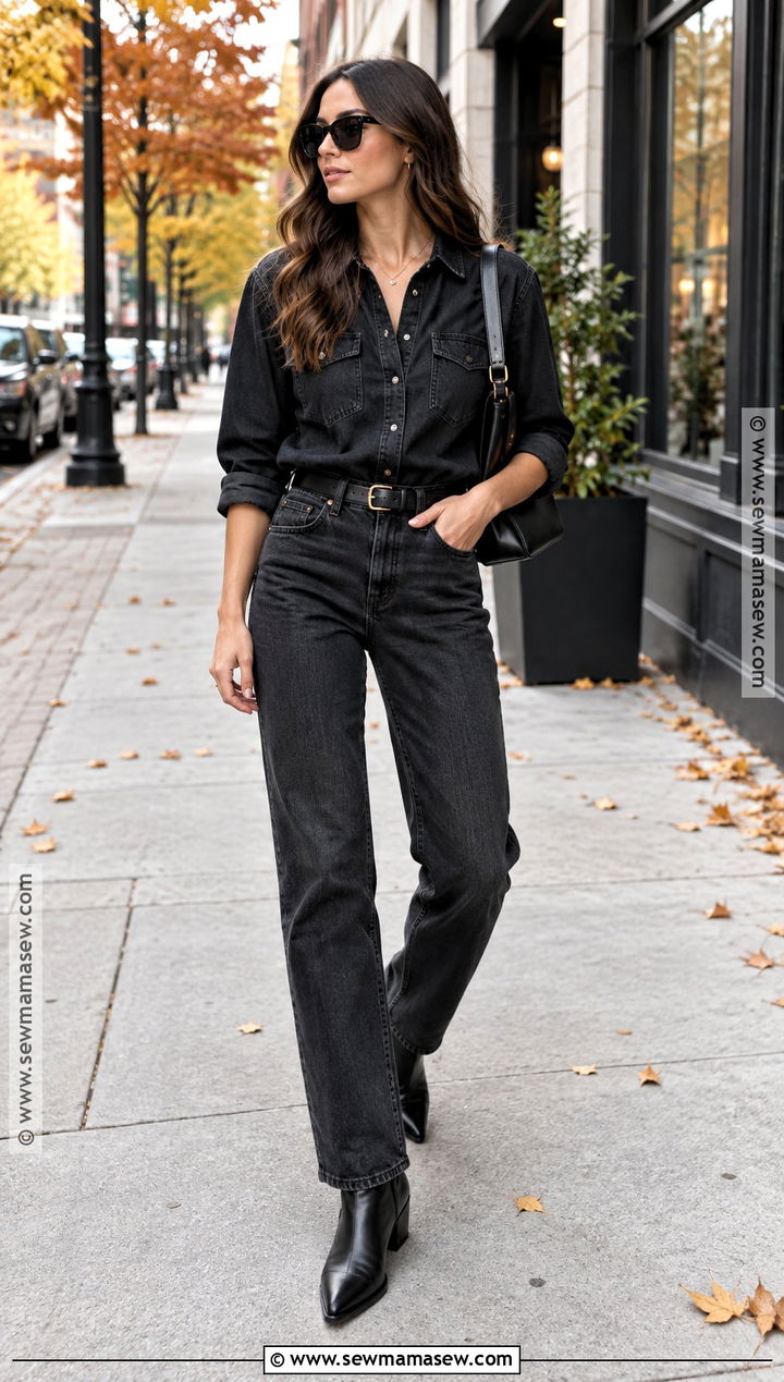 Black Denim Shirt And Black Jeans Outfit - 25 all black fall outfits