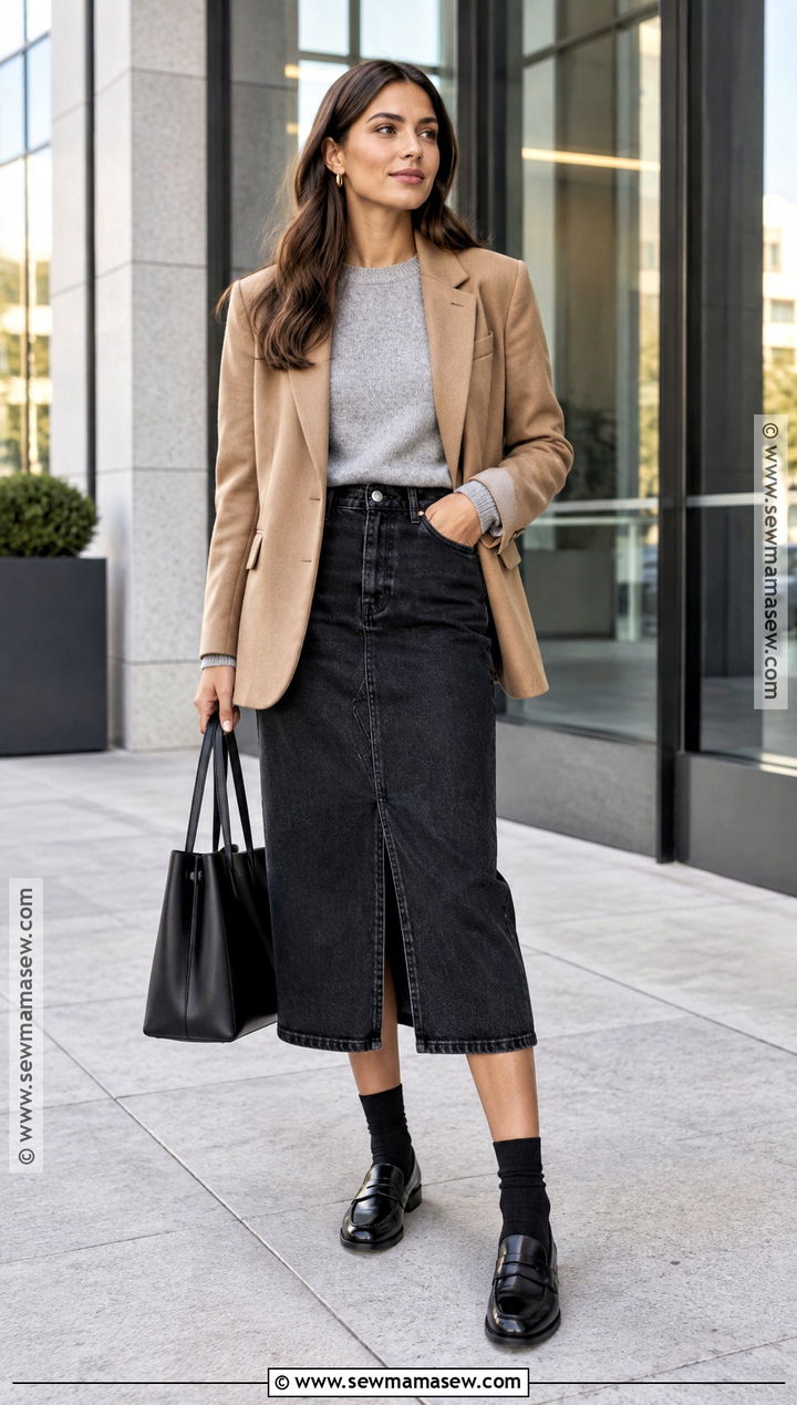 Black Denim Skirt With Blazer And Loafers - 15 Denim Skirt Outfit Fall Ideas 2026
