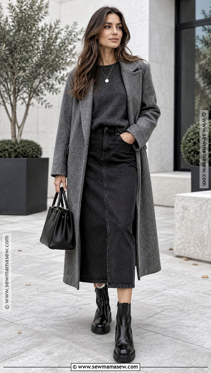 Black Denim Skirt With Gray Sweater And Chelsea Boots - 20 denim skirt outfit autumn ideas