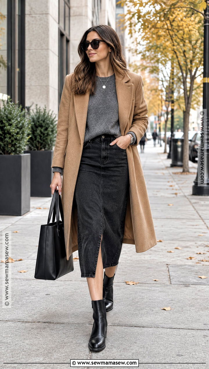 Black Denim Skirt With Gray Sweater And Chelsea Boots - 25 denim skirt fall outfits