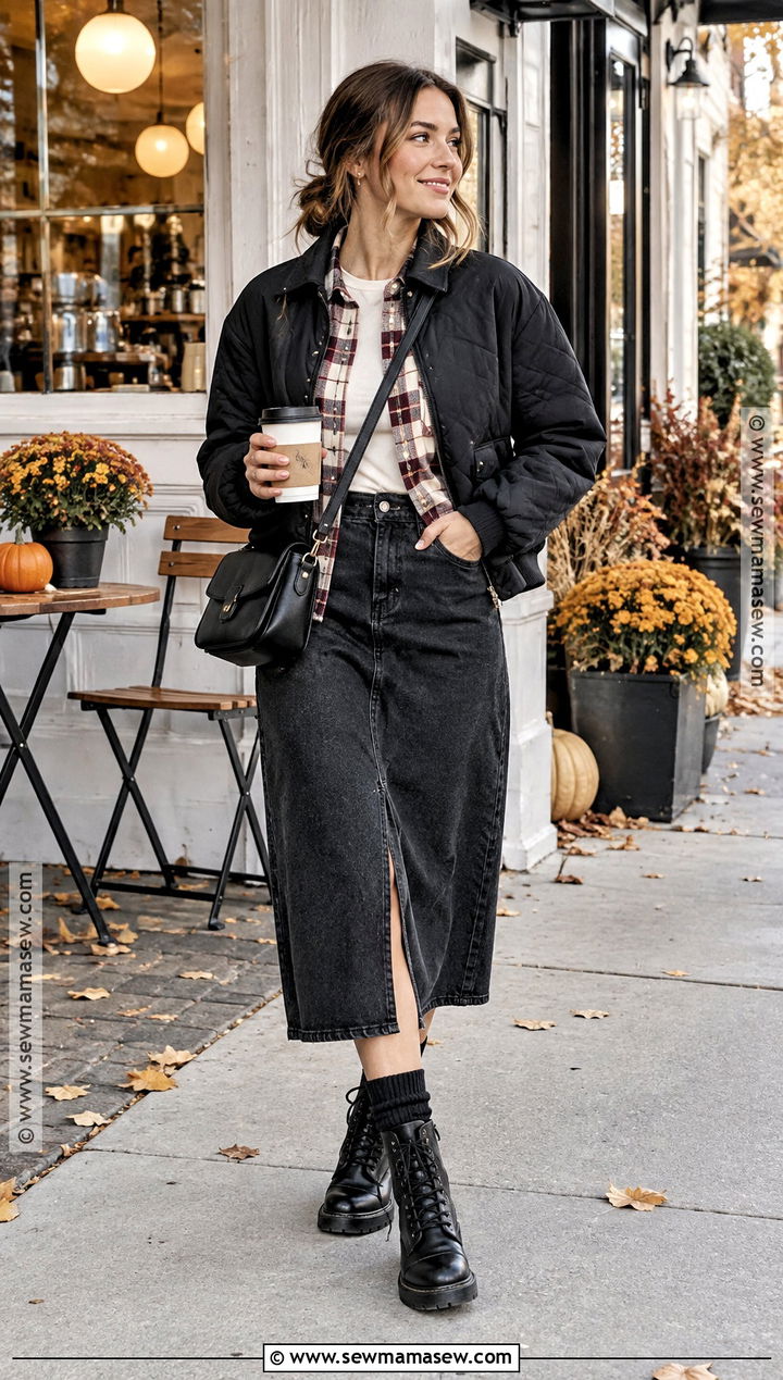 Black Denim Skirt With Plaid Shirt And Combat Boots - 20 fall outfits with black skirt