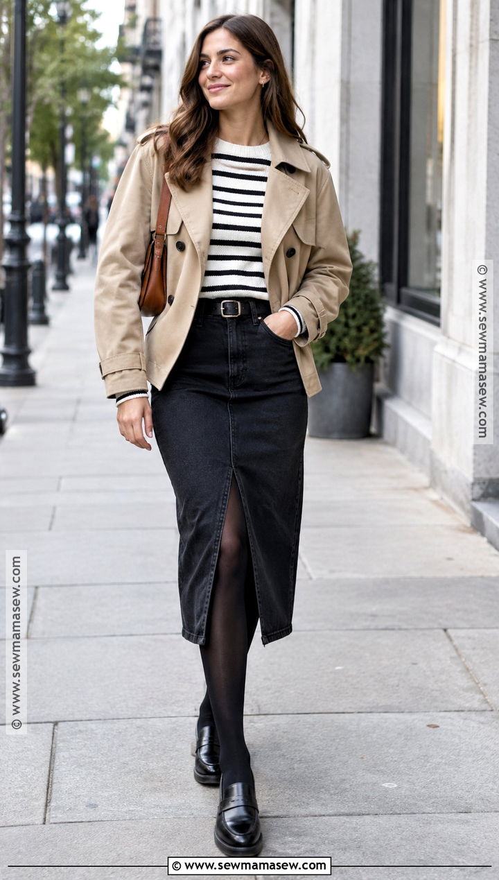 Black Denim Skirt With Striped Sweater - 20 Denim Skirt Outfits Fall