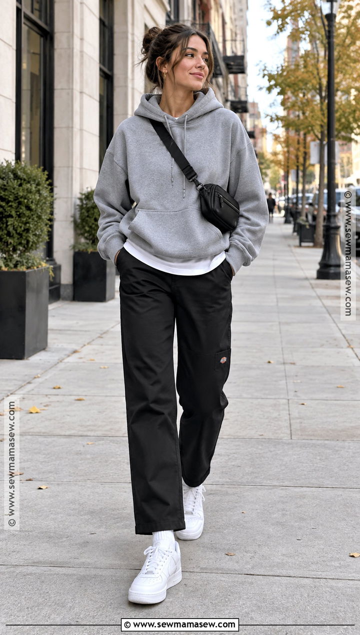 Black Dickies Pants With Gray Hoodie And Sneakers - 15 Dickies Pants Outfits Women Fall