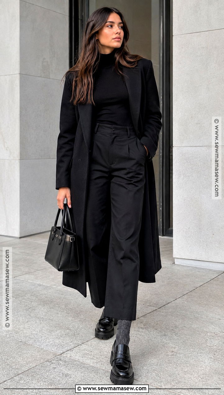 Black Dickies Pants With Long Coat And Platform Shoes - 15 Dickies Pants Outfits Women Fall