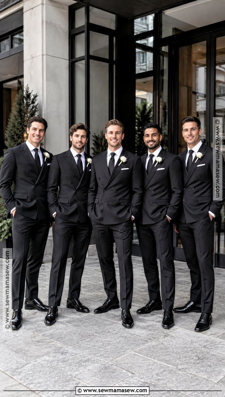 Black Double Breasted Suit With Black Tie - 15 fall groomsmen attire black ideas