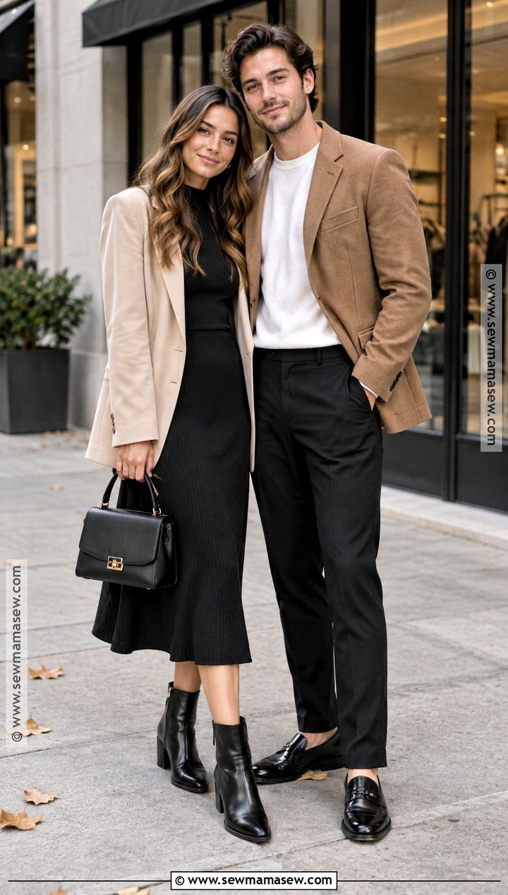 Black Dress And Beige Blazer Fall Couples Photoshoot Outfit - 20 Fall Couples Photoshoot Outfits Neutral