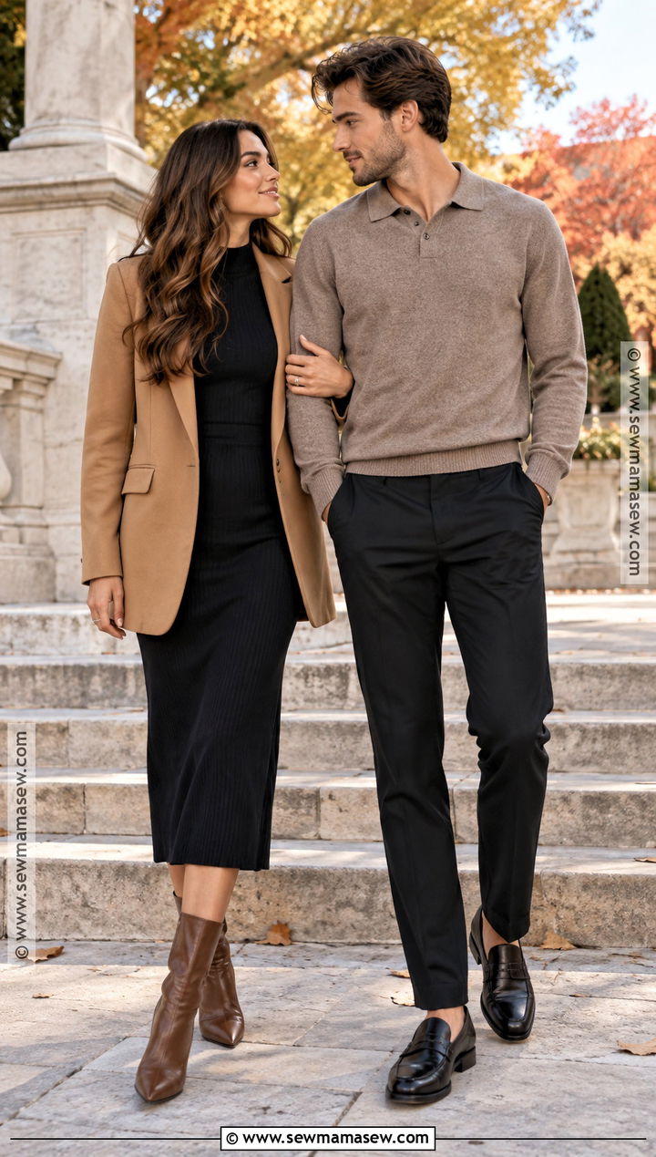 Black Dress And Camel Blazer Fall Couple Outfit - 20 fall couple photoshoot outfits photo ideas outdoor