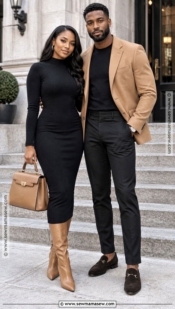 Black Dress And Camel Blazer Fall Couples Outfit - 15 black couples fall photoshoot outfits