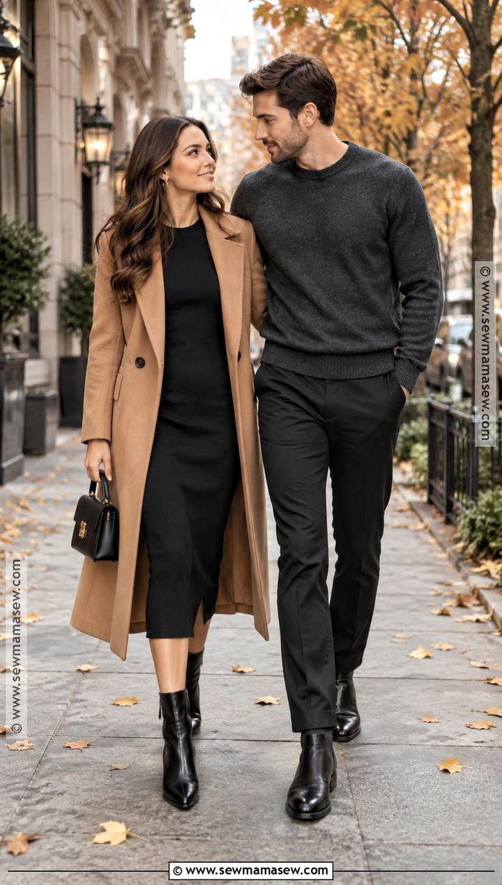 Black Dress And Camel Coat Autumn Engagement Photo Outfit - 20 autumn engagement photos outfits