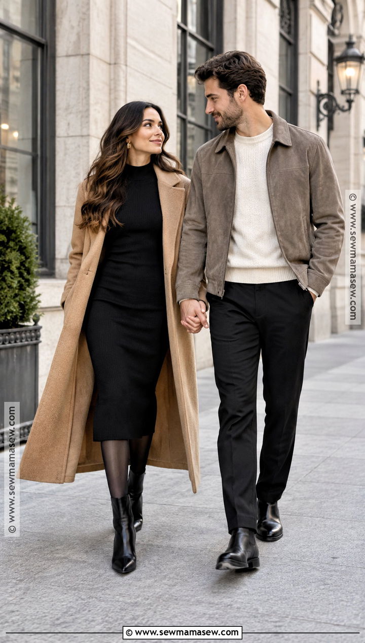 Black Dress And Camel Coat Fall Engagement Outfit - 15 Outfits For Fall Engagement Pictures