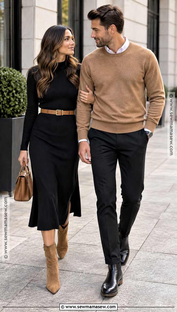 Black Dress And Camel Sweater Fall Couples Photo Outfit - 20 Fall Outfits Couples Photo Ideas