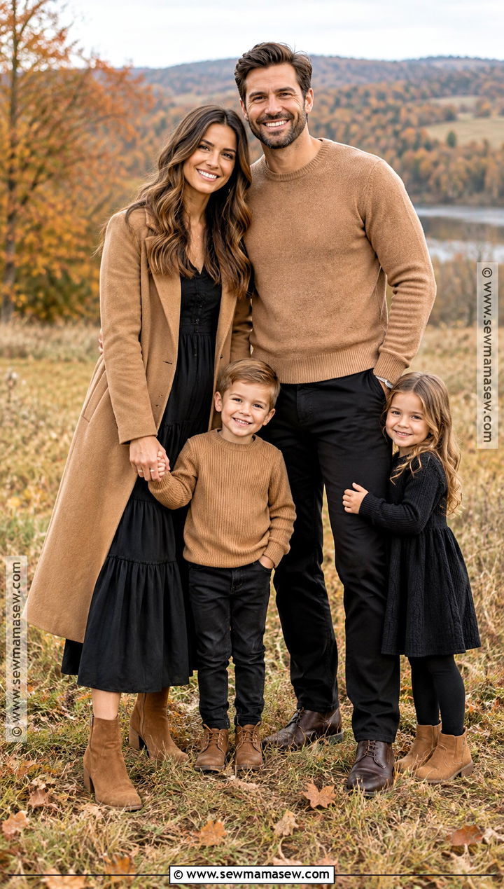Black Dress And Camel Sweater Family Outfit - 15 fall family pictures outfits black and brown