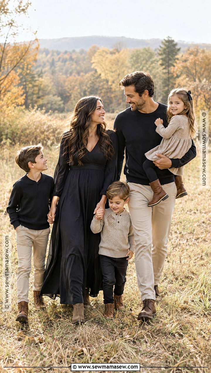 Black Dress And Neutral Pants Family Outfit - 15 fall family photos wearing black ideas