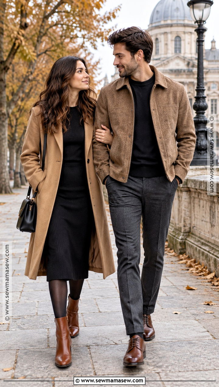 Black Dress And Tan Coat Fall Couple Outfit - 25 fall photo shoot outfits for couples