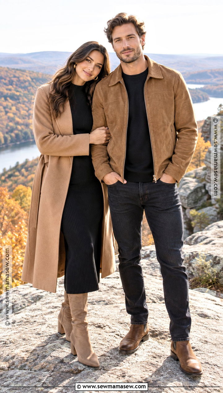 Black Dress And Tan Jacket Fall Couple Photo Outfit - 20 fall couple photos outfits