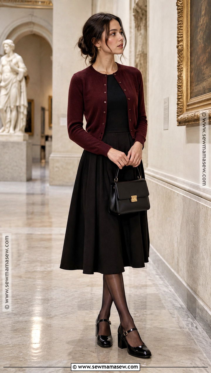 Black Dress With Burgundy Cardigan And Mary Jane Shoes - 25 black dress fall outfit ideas